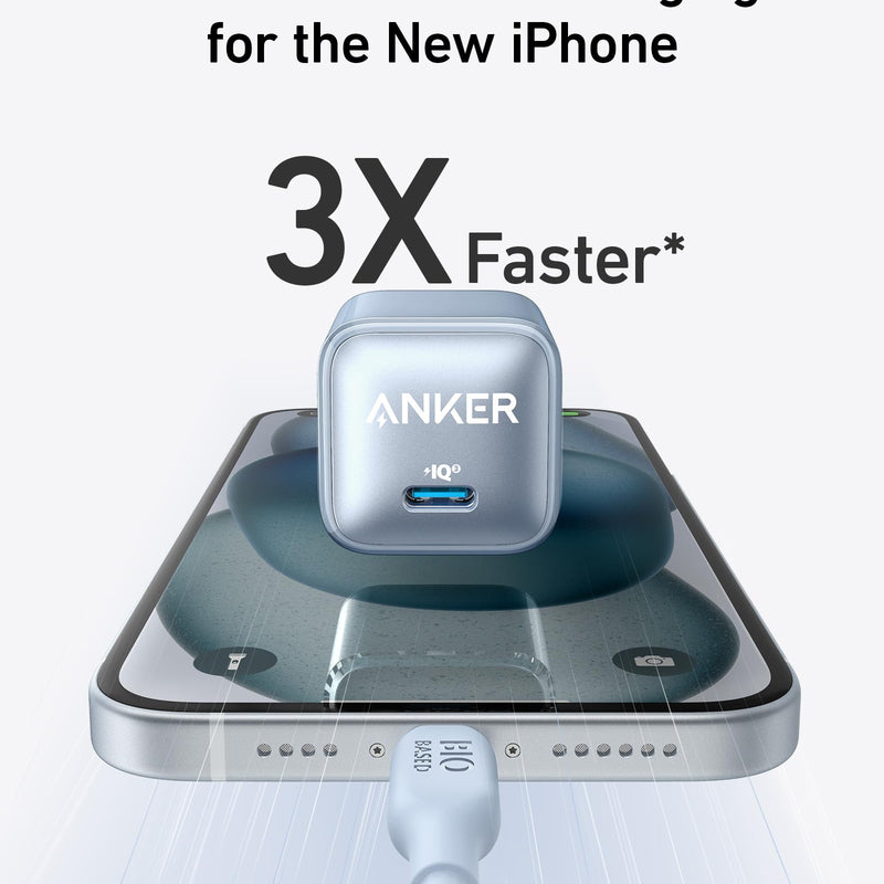 Anker Nano 20W charger in black, compact and lightweight with a single USB-C port for fast charging devices.