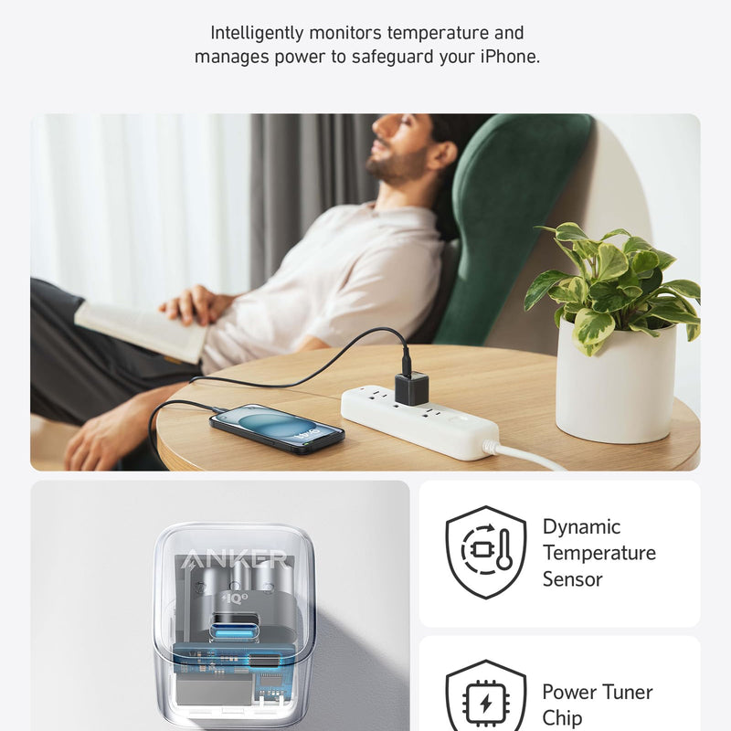 Anker Nano 20W charging-only USB-C wall charger in black, compact and portable for fast device charging.
