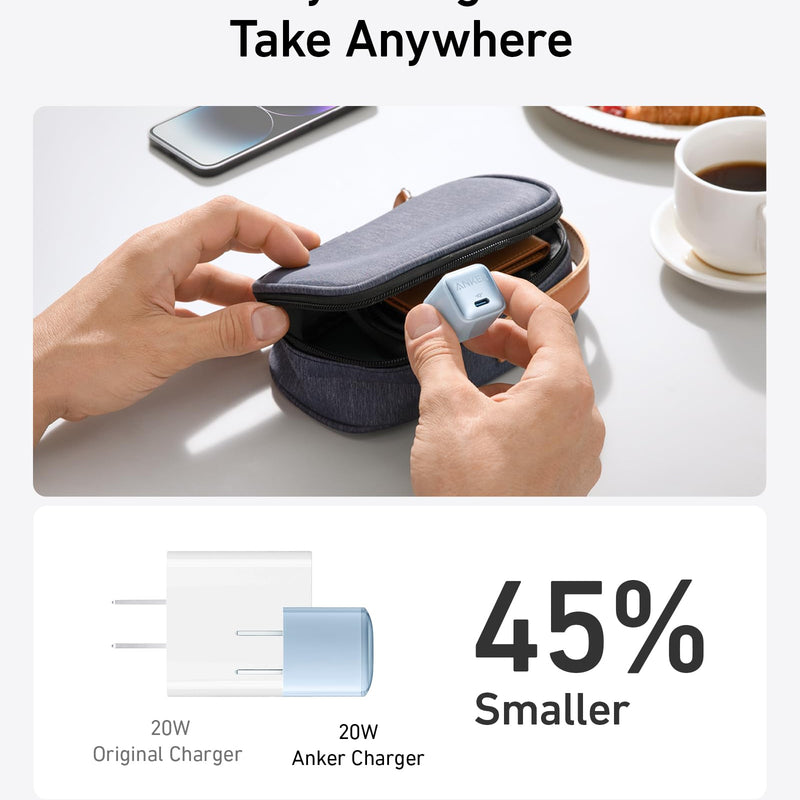 Anker Nano 20W charger in black, compact charging device with USB-C port for fast charging smartphones and devices.
