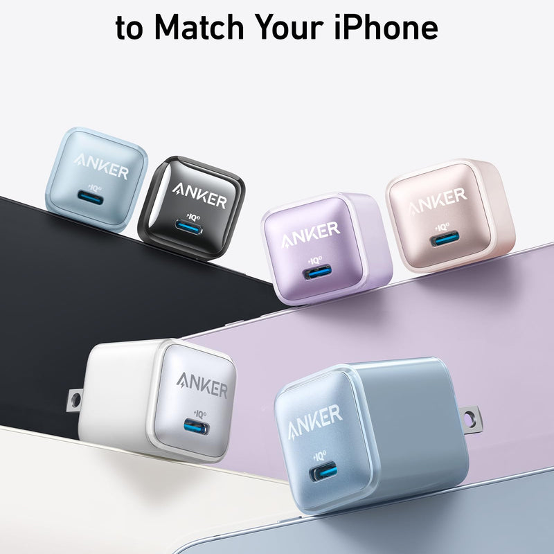 Black Anker Nano 20W charger for fast charging devices, compact and portable power adapter with sleek design.