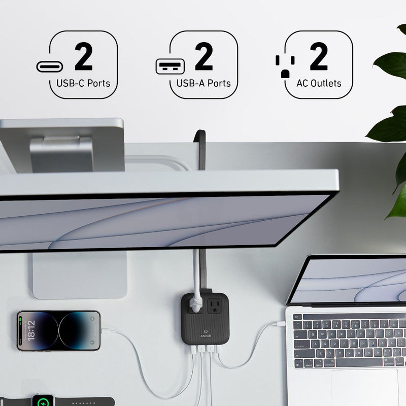 Anker Nano 6-in-1 charging station in black with multiple ports for fast device charging, 67W power output.