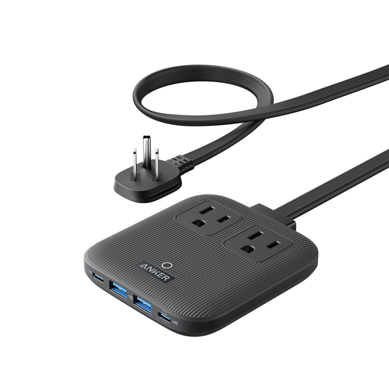 Anker Nano 6-in-1 charging station in black with multiple ports, designed for fast 67W charging of various devices.