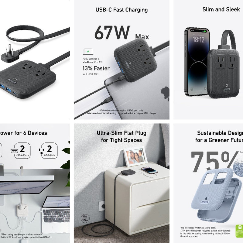 Anker Nano 6-in-1 67W charging station in black with multiple ports for fast device charging.