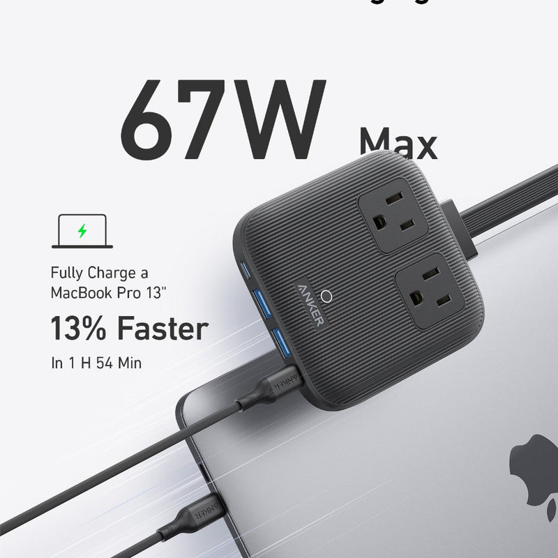 Anker Nano 6-in-1 67W charging station in black with multiple USB ports for fast device charging.