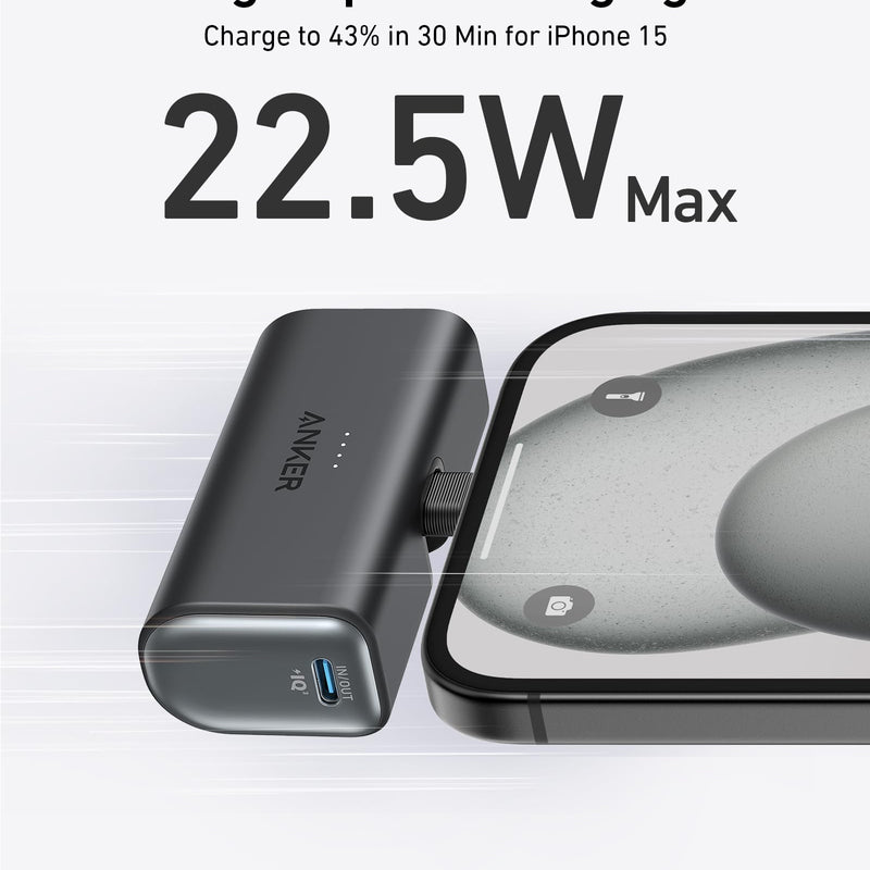 Anker Nano Power Bank in black with built-in USB-C connector, compact portable charging device for smartphones and gadgets.