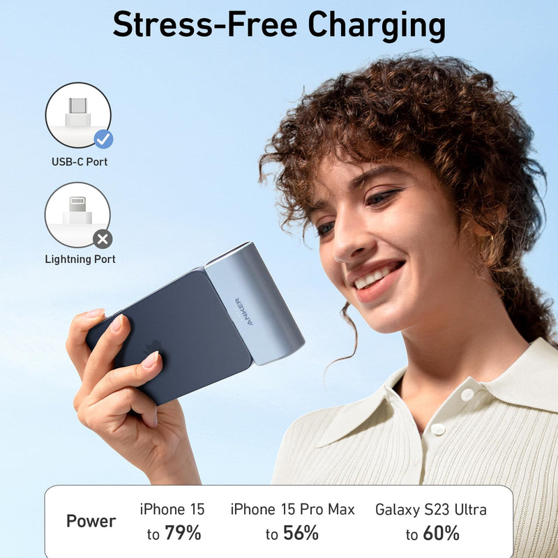 Anker Nano Power Bank in black with built-in USB-C connector, compact charging device for portable power on the go.