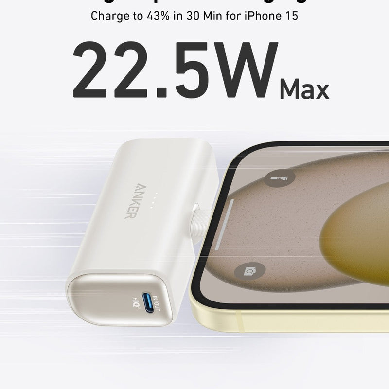 Anker Nano Power Bank in black with built-in USB-C connector, 22.5W portable charging device for smartphones and gadgets.