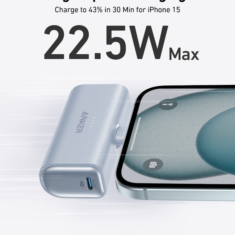 Anker Nano Power Bank in black with built-in USB-C connector, compact portable charging device, 22.5W power output.