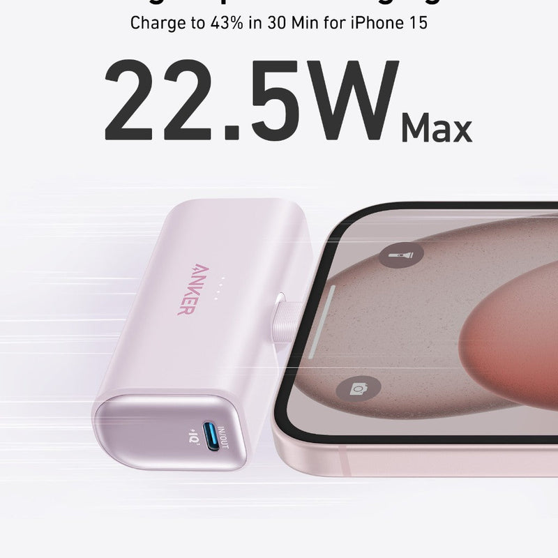 Anker Nano Power Bank in black with built-in USB-C connector, compact portable charging device for smartphones and devices.