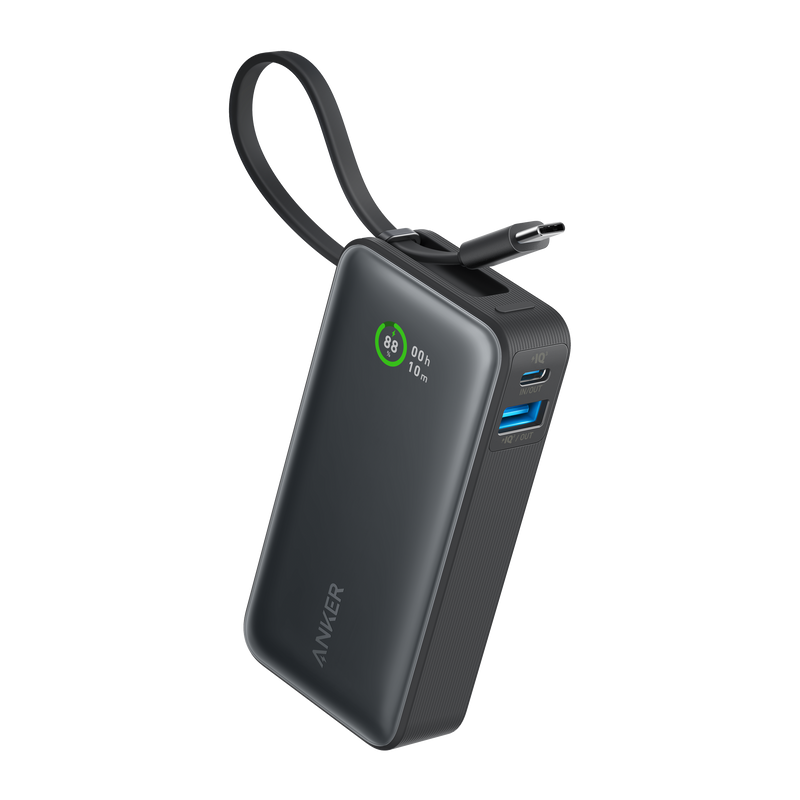 Anker Nano 30W power bank with built-in USB-C cable in black, compact portable charging device for smartphones and gadgets.