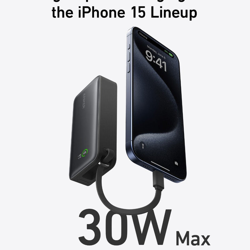 Anker Nano Power Bank in black with built-in USB-C cable, 30W portable charging device for smartphones and tablets.