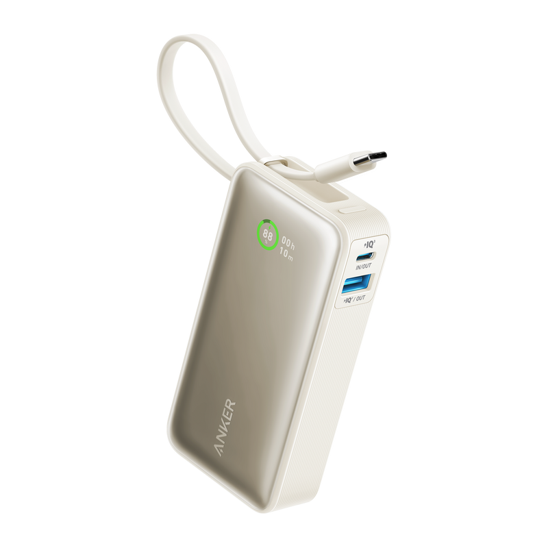 Anker Nano Power Bank in black with built-in USB-C cable, 30W portable charging device for smartphones and gadgets.