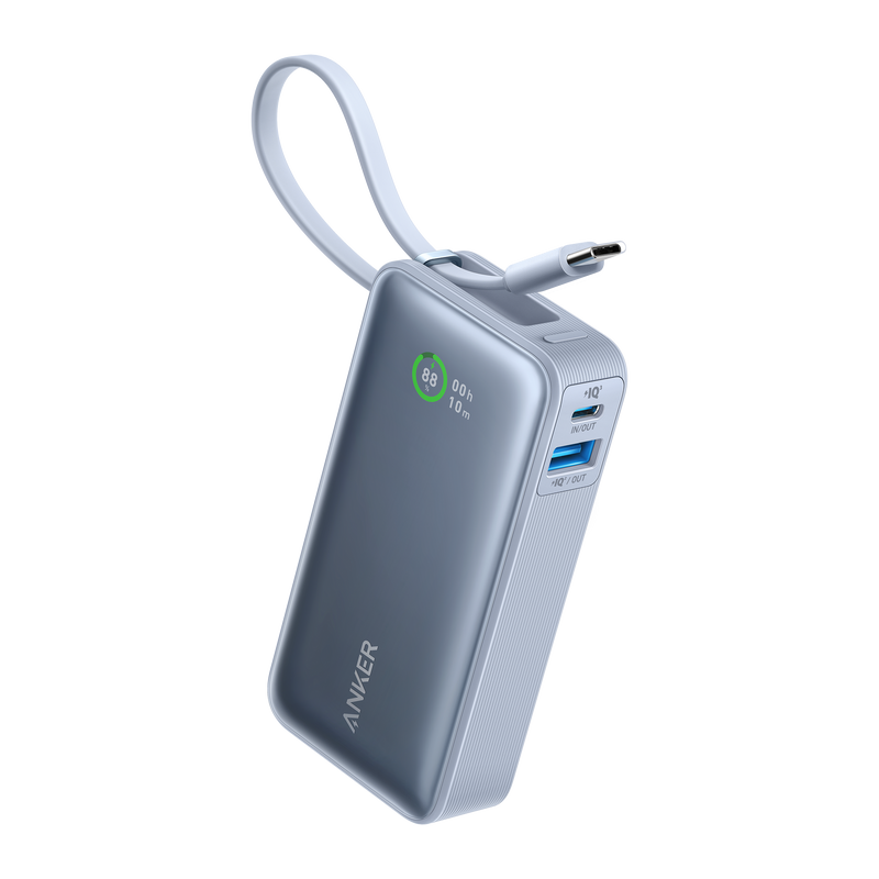 Anker Nano 30W power bank with built-in USB-C cable for charging devices, black compact portable power source.