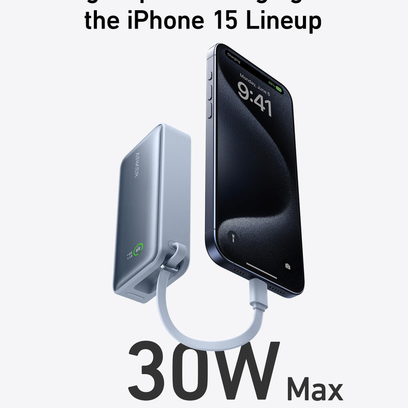 Anker Nano Power Bank in black with built-in USB-C cable, 30W portable charging device for smartphones and gadgets.