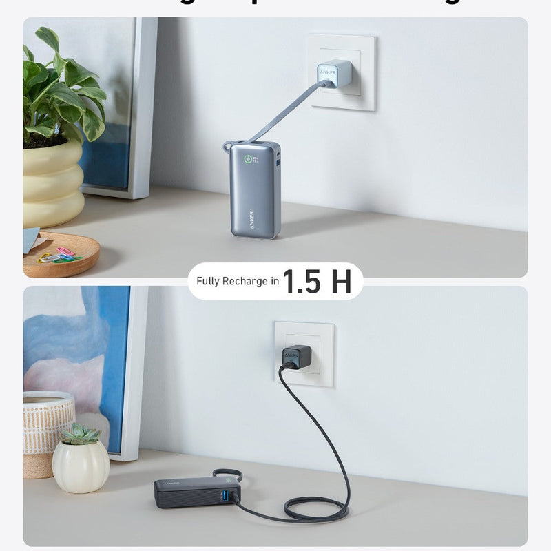 Anker Nano Power Bank 30W with built-in USB-C cable, compact black portable charger for device charging only.