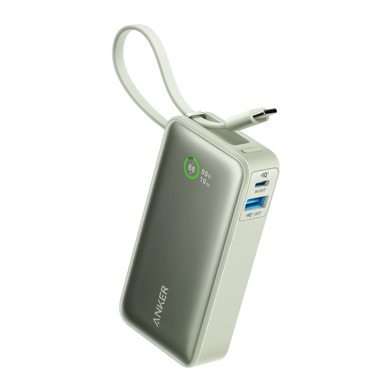 Anker Nano Power Bank in black with built-in USB-C cable, 30W portable charging device for smartphones and devices.