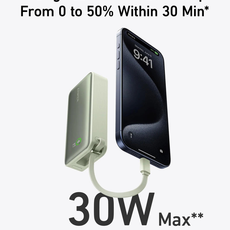 Anker Nano Power Bank in black with built-in USB-C cable, 30W portable charging device for smartphones and devices.