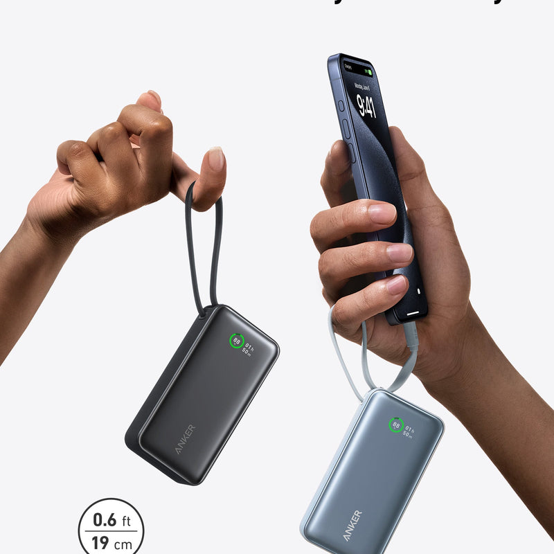 Anker Nano 30W power bank with built-in USB-C cable, compact black portable charger for charging devices on the go