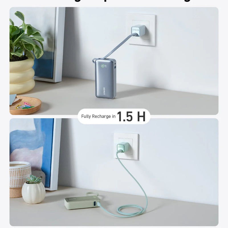 Anker Nano Power Bank in black with built-in USB-C cable, 30W portable charger for quick device charging.