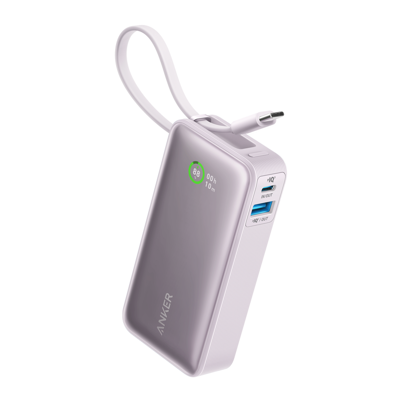 Anker Nano power bank in black with built-in USB-C cable, 30W portable charging device for smartphones and gadgets.