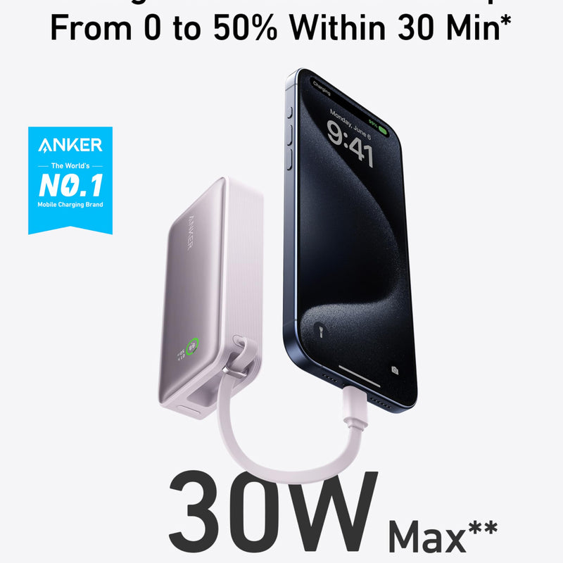 Anker Nano 30W power bank with built-in USB-C cable, compact black charging device for portable power.