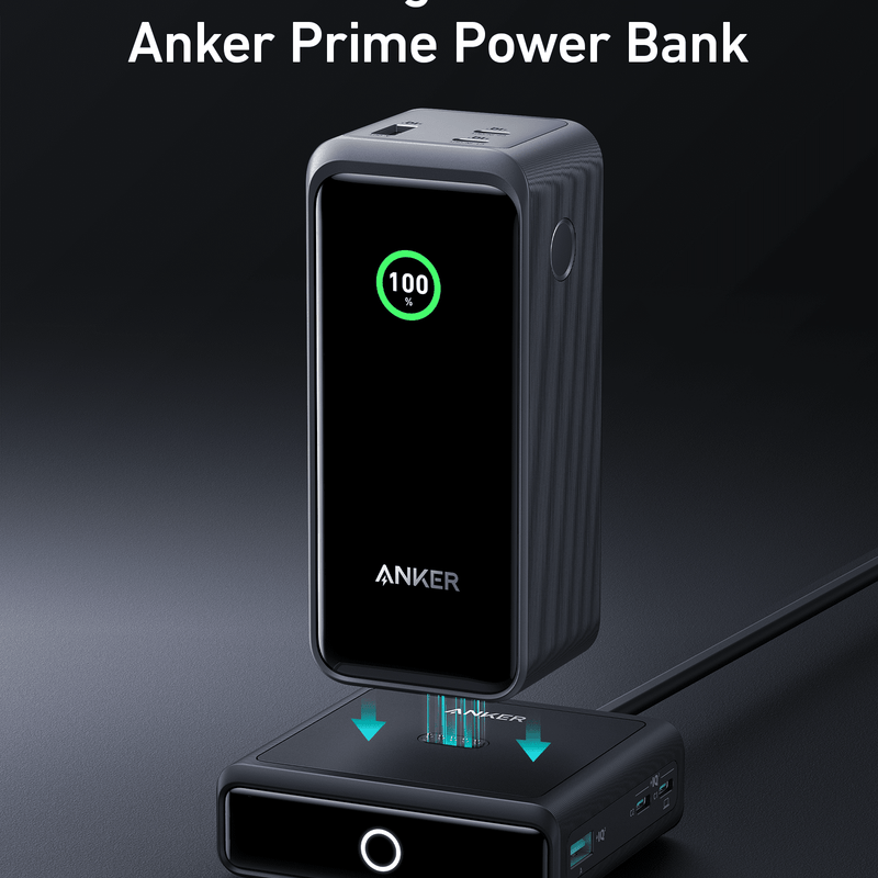 Anker 100W charging base for Anker Prime Power Bank, showing the sleek black charging station designed for fast power delivery.