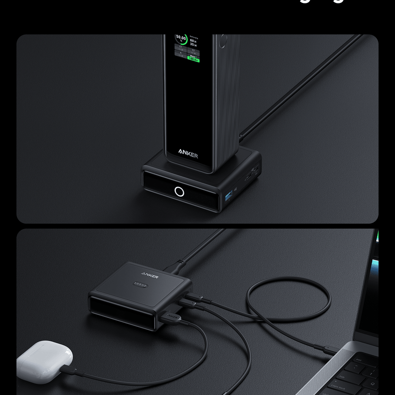 Anker 100W charging base connected to an Anker Prime Power Bank, designed for fast and efficient charging.