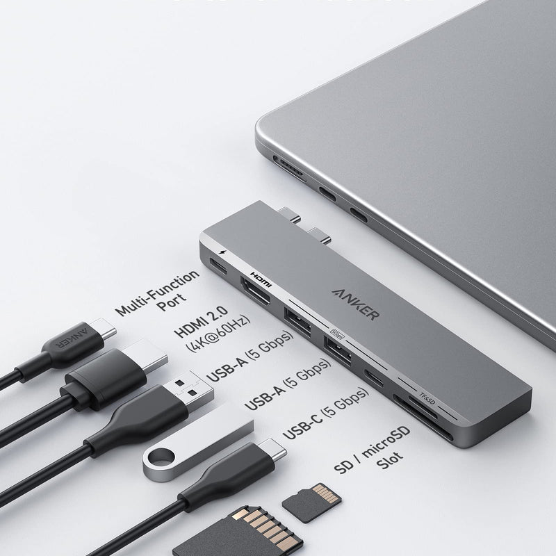 Anker 547 USB-C Hub for MacBook, charging only, with multiple ports visible on sleek black device designed for MacBook connectivity