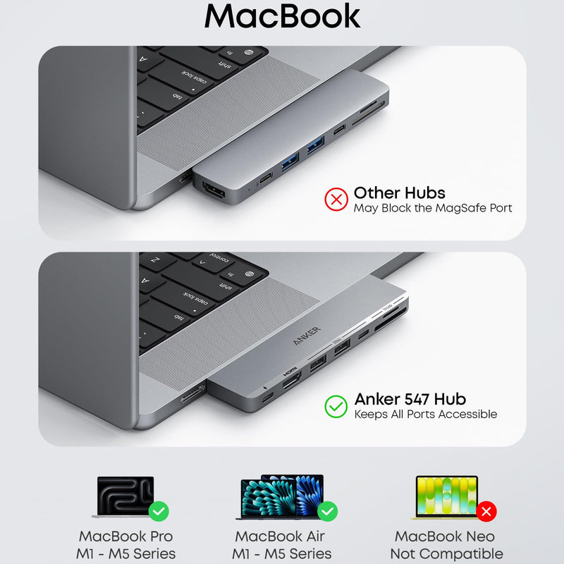 Anker 547 USB-C Hub for MacBook, charging only, with multiple ports, connected to a sleek MacBook laptop.