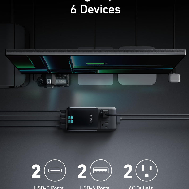 Anker Prime 6-in-1 140W charging station with multiple ports for powering devices in a sleek, modern design.