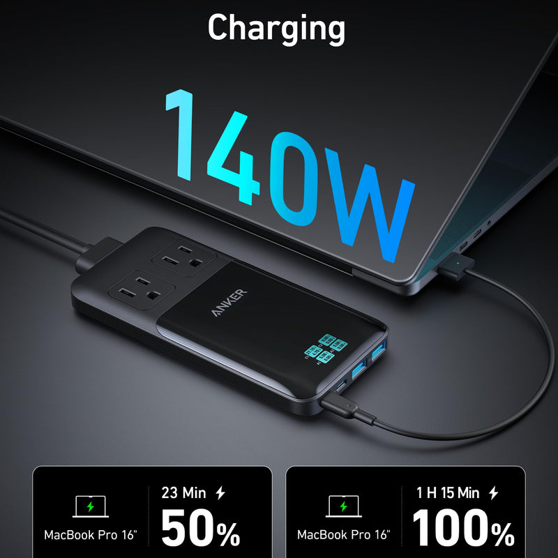 Anker Prime 6-in-1 140W charging station with multiple ports for charging devices, shown on a desk.