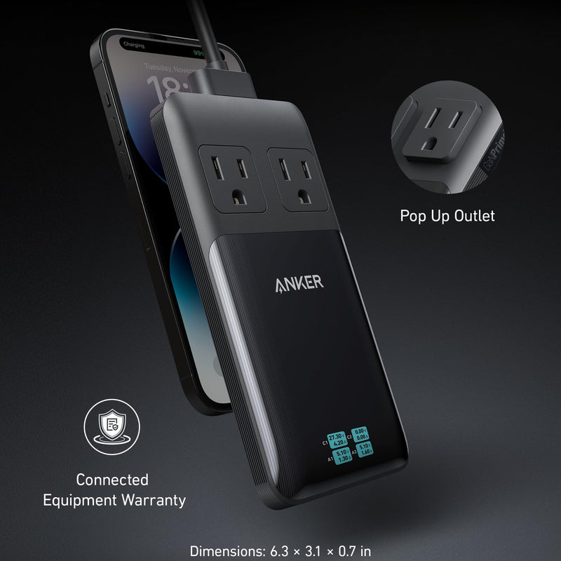 Anker Prime 6-in-1 140W charging station with multiple ports for charging devices, sleek design, and organized layout.