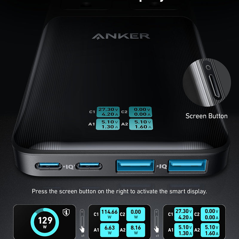 Anker Prime 6-in-1 140W charging station with multiple ports for charging devices, shown with cables connected.