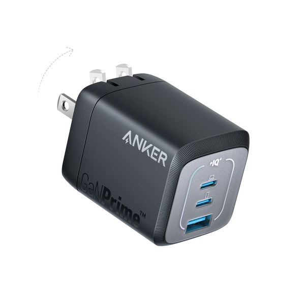 Anker Prime 67W GaN wall charger with three USB-C ports for fast, efficient device charging.