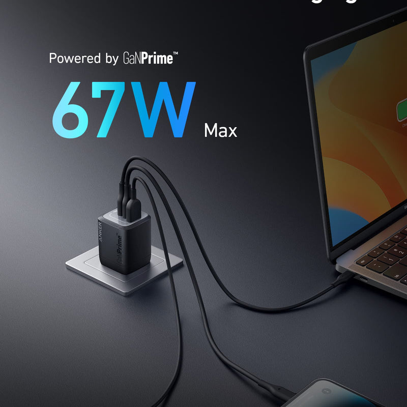 Anker Prime 67W GaN wall charger with three USB-C ports for fast and versatile device charging.