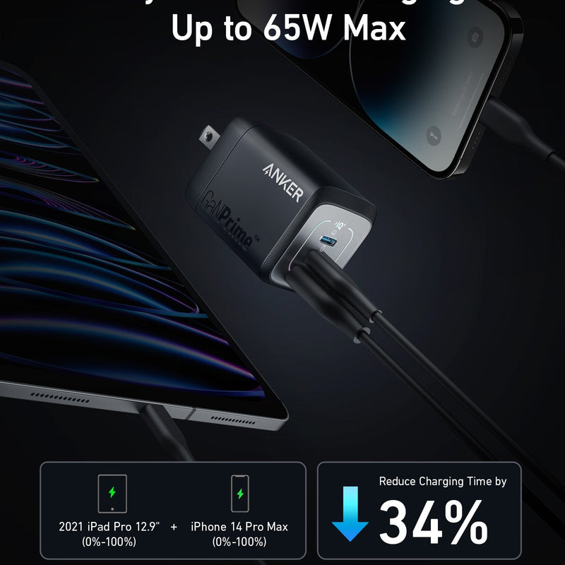 Anker Prime 67W GaN wall charger with three USB ports for fast charging devices, compact and sleek design.