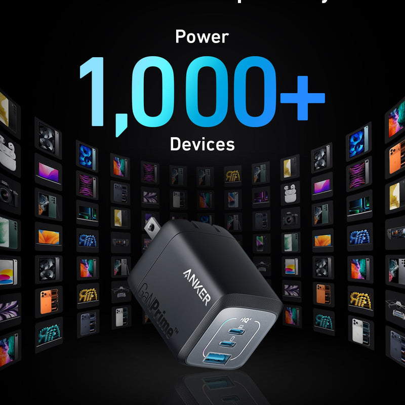 Anker Prime 67W GaN wall charger with three USB-C ports for fast charging electronic devices.