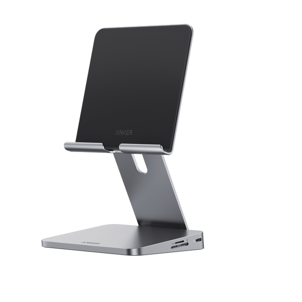 Anker 551 USB-C Hub in gray with 8-in-1 charging ports and built-in tablet stand, designed for versatile device connectivity.