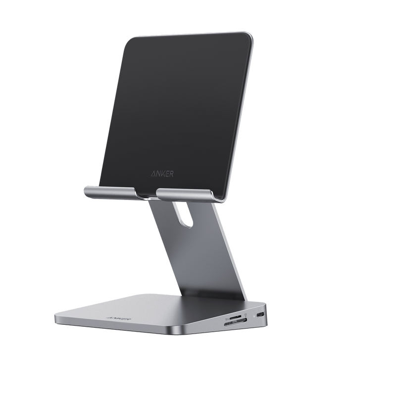 Anker 551 USB-C Hub in gray with 8-in-1 charging ports and built-in tablet stand, designed for versatile device connectivity.