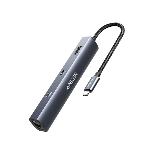 Anker 543 USB-C Hub in grey showing six ports for charging and connectivity on a slim design