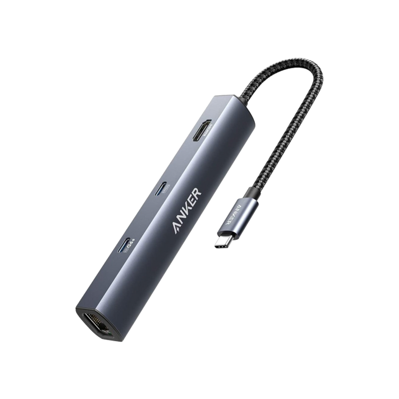 Anker 543 USB-C Hub in grey showing six ports for charging and connectivity on a slim design