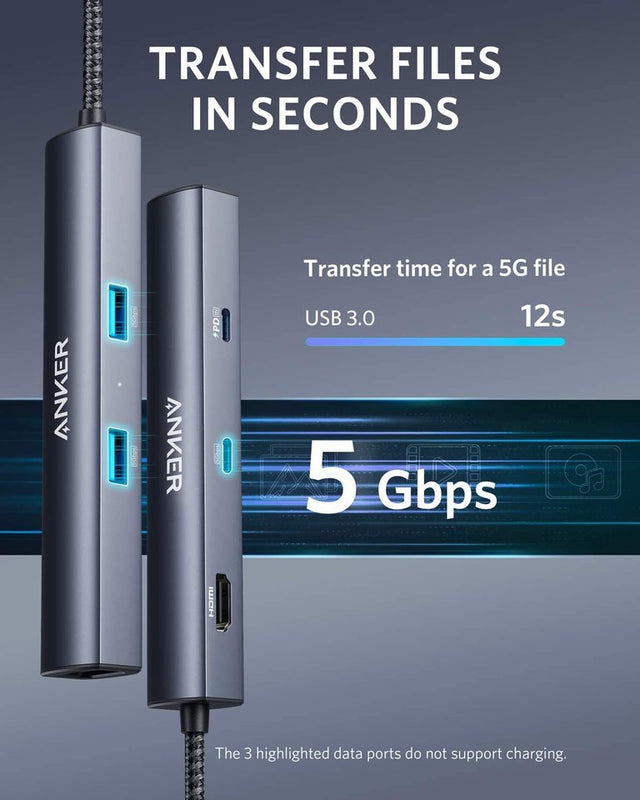 Anker 543 USB-C Hub in grey showing six ports, designed for charging only with a slim profile for versatile connectivity.