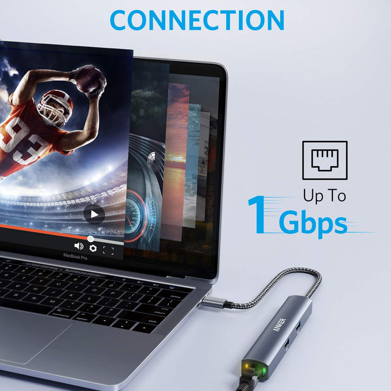 Anker 543 6-in-1 USB-C Hub in grey, slim design for charging with multiple ports, including USB-C and USB-A.