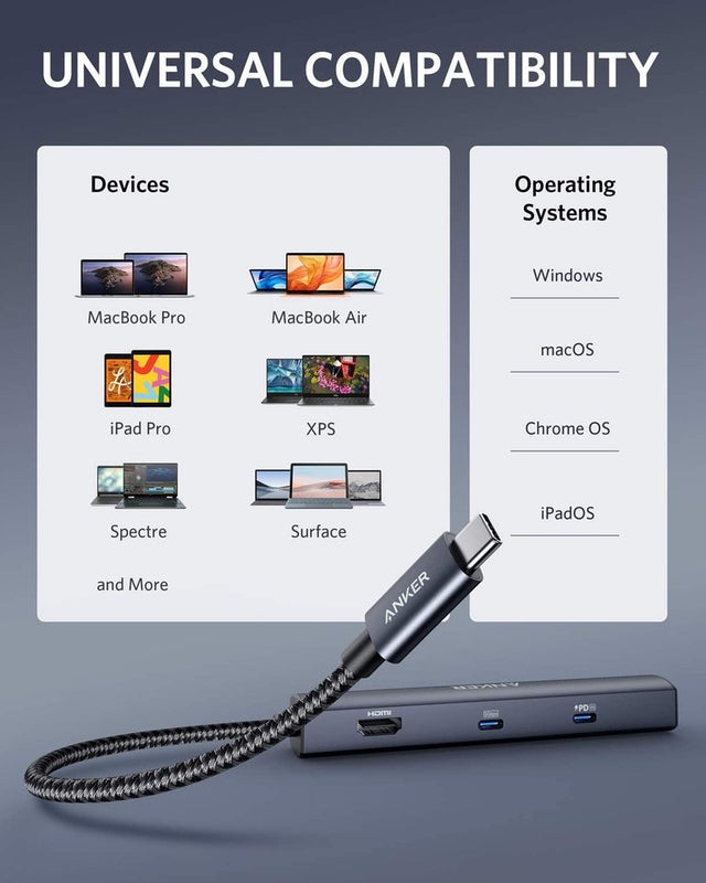 Anker 543 USB-C Hub in grey, a slim 6-in-1 charging-only hub with multiple ports for easy device connectivity