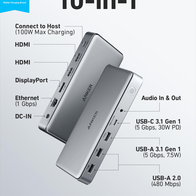 Anker 563 USB-C Docking Station in grey for charging only, with multiple ports for connecting devices and powering laptops.