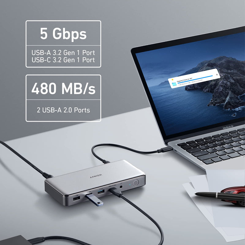 Anker 563 USB-C Docking Station in grey, designed for charging with multiple ports, compact and versatile for various devices.