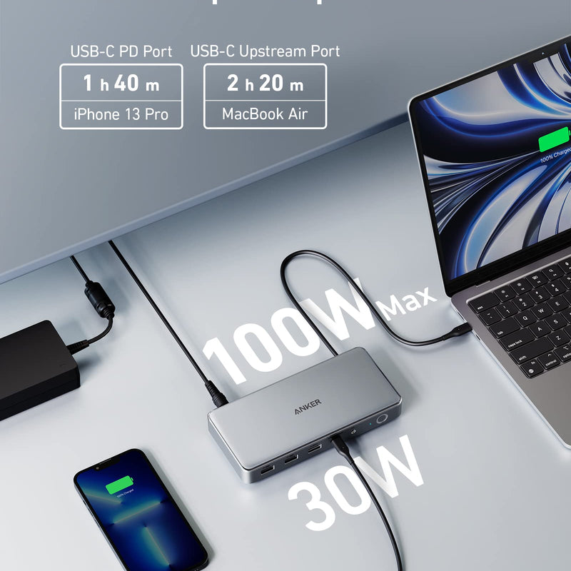 Anker 563 USB-C Docking Station in grey, designed for charging with multiple ports for versatile device connectivity.