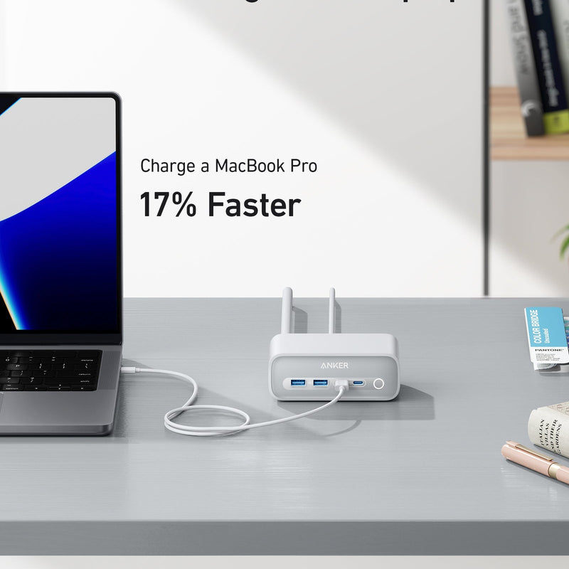 Anker 525 charging station in phantom black with multiple charging ports for devices, designed for efficient power delivery.