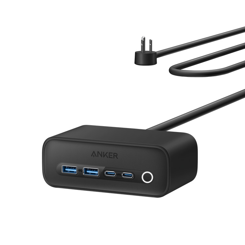 Anker 525 charging station in phantom black with multiple charging ports for electronic devices, designed for efficient power distribution.