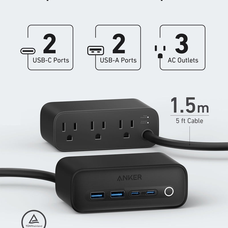 Anker 525 charging station in black with multiple charging ports, designed for efficient device charging.